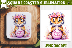 Easter Square Coaster | Watercolor Tiger | Happy Easter Product Image 1