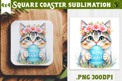 Easter Square Coaster | Watercolor Cat | Happy Easter Product Image 1
