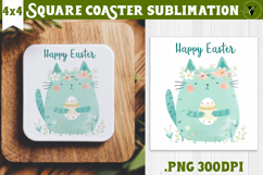 Easter Square Coaster | Watercolor Cat | Happy Easter Product Image 1