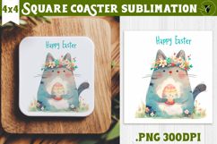 Easter Square Coaster | Watercolor Cat | Happy Easter Product Image 1