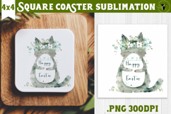 Easter Square Coaster | Watercolor Cat | Happy Easter Product Image 1