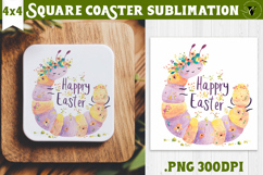 Easter Square Coaster | Watercolor Caterpillar |Happy Easter Product Image 1