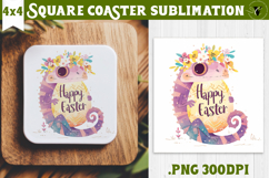 Easter Square Coaster | Watercolor chameleon | Happy Easter Product Image 1