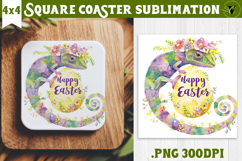 Easter Square Coaster | Watercolor chameleon | Happy Easter Product Image 1