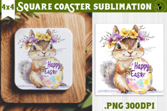 Easter Square Coaster | Watercolor Squirrel | Happy Easter Product Image 1