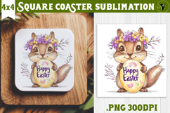 Easter Square Coaster | Watercolor Squirrel | Happy Easter Product Image 1