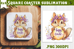 Easter Square Coaster | Watercolor Squirrel | Happy Easter Product Image 1