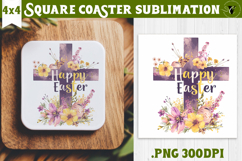 Easter Square Coaster | Watercolor Cross |Happy Easter Product Image 1