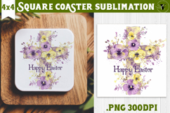 Easter Square Coaster | Watercolor Cross |Happy Easter Product Image 1