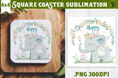 Easter Square Coaster | Watercolor Elephant | Happy Easter Product Image 1