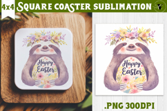 Easter Square Coaster | Watercolor Sloth | Happy Easter Product Image 1