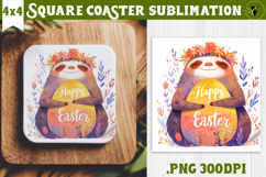 Easter Square Coaster | Watercolor Sloth | Happy Easter Product Image 1