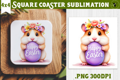 Easter Square Coaster | Watercolor Hamster | Happy Easter Product Image 1