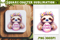 Easter Square Coaster | Watercolor Sloth | Happy Easter Product Image 1