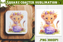 Easter Square Coaster | Watercolor baby Lion | Happy Easter Product Image 1