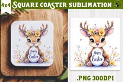 Easter Square Coaster | Watercolor Reindeer | Happy Easter Product Image 1