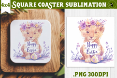 Easter Square Coaster | Watercolor baby Lion | Happy Easter Product Image 1