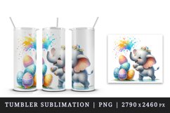 Watercolor elephant calf playfully spraying over Easter eggs animal print 20 oz tumbler skinny mug wrap clipart t-shirt sublimation printable design