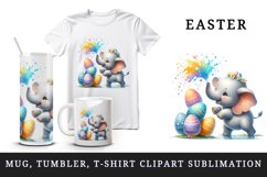 Watercolor elephant calf playfully spraying over Easter eggs animal print 20 oz tumbler skinny mug wrap clipart t-shirt sublimation printable design