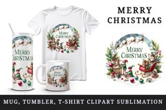 Watercolor elves preparing gifts sleigh round Merry Christmas quote print 20 oz tumbler skinny mug wrap clipart t-shirt sublimation printable design