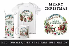 Watercolor elves preparing gifts sleigh round Merry Christmas quote print 20 oz tumbler skinny mug wrap clipart t-shirt sublimation printable design
