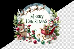 Watercolor elves preparing gifts sleigh round Merry Christmas quote print 20 oz tumbler skinny mug wrap clipart t-shirt sublimation printable design