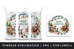 Watercolor elves preparing gifts sleigh round Merry Christmas quote print 20 oz tumbler skinny mug wrap clipart t-shirt sublimation printable design