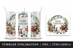 Watercolor elves preparing gifts sleigh round Merry Christmas quote print 20 oz tumbler skinny mug wrap clipart t-shirt sublimation printable design