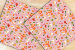 Cozy watercolor fall seamless pattern with pumpkins, coffee, and leaves. Perfect autumn digital paper for crafts, sublimation, and scrapbooking.