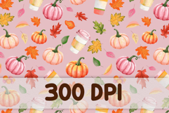 Cozy watercolor fall seamless pattern with pumpkins, coffee, and leaves. Perfect autumn digital paper for crafts, sublimation, and scrapbooking.