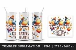 Watercolor family of birds Grateful Hearts quote for Thanksgiving print 20 oz tumbler skinny mug wrap clipart t-shirt sublimation printable design
