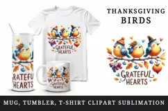 Watercolor family of birds Grateful Hearts quote for Thanksgiving print 20 oz tumbler skinny mug wrap clipart t-shirt sublimation printable design