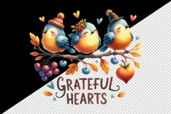 Watercolor family of birds Grateful Hearts quote for Thanksgiving print 20 oz tumbler skinny mug wrap clipart t-shirt sublimation printable design