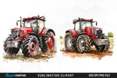 Watercolor Farm Red Tractor PNG Set Clipart Product Image 1