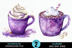 Watercolor Festive Purple Hot Cocoa Cup Art Clipart Product Image 1