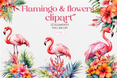 Watercolor flamingo and tropical flowers clipart PNG Product Image 1