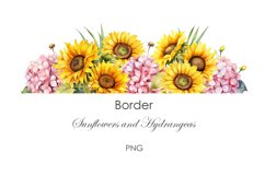 Watercolor floral border sunflowers and pink hydrangea