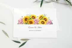 Watercolor floral border sunflowers and pink hydrangea