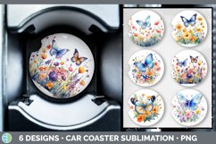 Bundle of six Watercolor Flower Butterflies Car Coaster designs.