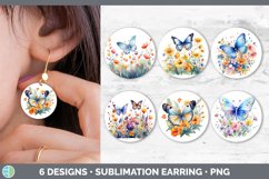 Bundle of six Watercolor Flower Butterflies Round Earrings designs.