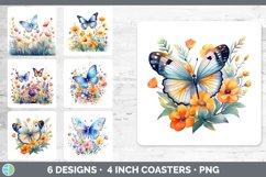Bundle of six Watercolor Flower Butterflies Square Coaster designs.