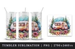 Watercolor floral camper camping forest mountain sparkle flowers travel car 20 oz tumbler skinny mug wrap clipart t-shirt sublimation printable design