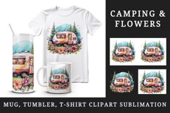 Watercolor floral camper camping forest mountain sparkle flowers travel car 20 oz tumbler skinny mug wrap clipart t-shirt sublimation printable design