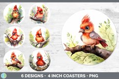 Bundle of six Watercolor Flower Cardinals Round Coaster designs.