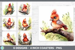 Bundle of six Watercolor Flower Cardinals Square Coaster designs.