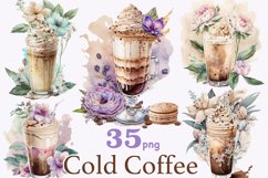 Watercolor clipart of cold coffee drinks. Cappuccino in a tall glass with flowers. Latte in a tall glass with cream and a blue flower. Appetizing macaron and purple flower. Cocoa in a tall glass with whipped cream topped with chocolate chips