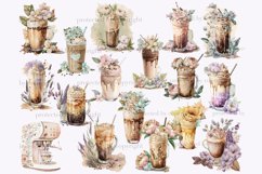 Watercolor clipart of cold coffee drinks. Cappuccino in a tall glass, latte in a tall glass, glass in a glass, carob coffee machine with a cup of coffee. Glasses with drinks and a coffee machine are decorated with pink, beige, green and lilac flowers.