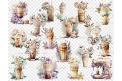 Watercolor clipart of cold coffee drinks. Cappuccino in a tall glass, latte in a tall glass, glass in a glass, coffee machine with a cup of coffee. Glasses with drinks and a coffee machine are decorated with pink, beige, green and lilac flowers.