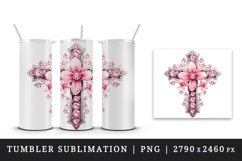 Watercolor floral cross religion sparkle pink flowers shining diamonds 20 oz tumbler skinny mug wrap clipart t-shirt sublimation printable design