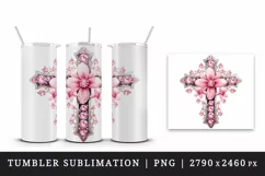 Watercolor floral cross religion sparkle pink flowers shining diamonds 20 oz tumbler skinny mug wrap clipart t-shirt sublimation printable design